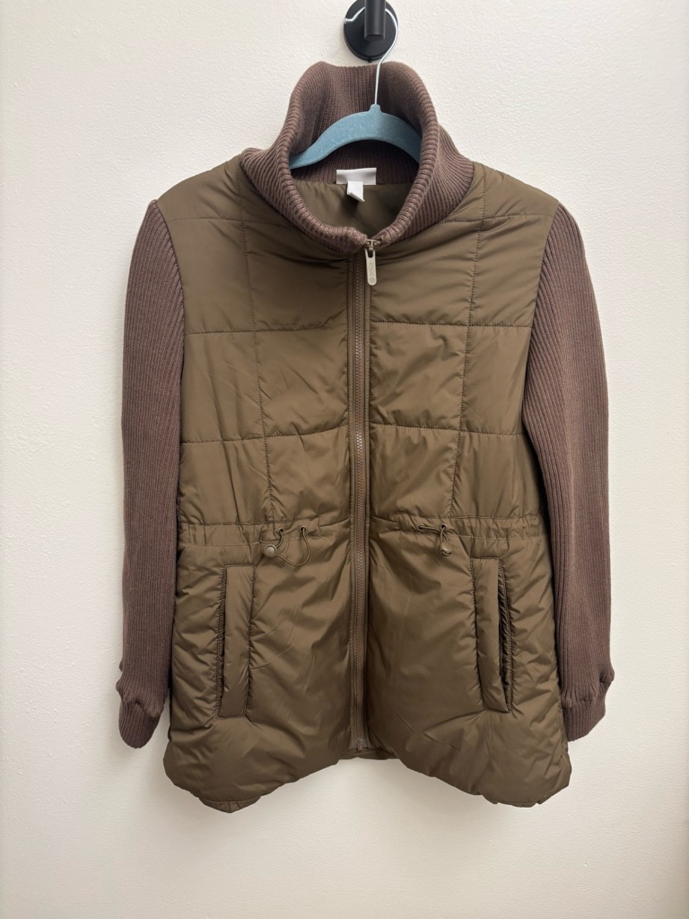 Zella Brown Quilted Rib Mix Hybrid Puffer Jacket Ribbed Sweater Sleeve Small